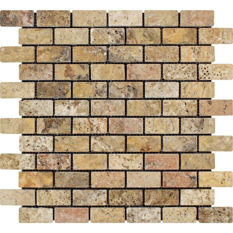 1x2 Tumbled Scabos Travertine Brick Mosaic Tile