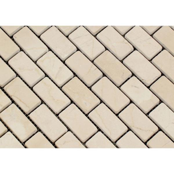 1 x 2 Tumbled Crema Marfil Marble Brick Mosaic Tile