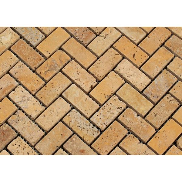 1 x 2 Tumbled Gold Travertine Herringbone Mosaic Tile