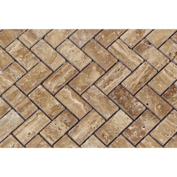 1 x 2 Unfilled Polished Noce Exotic (Vein-Cut) Travertine Herringbone Mosaic Tile