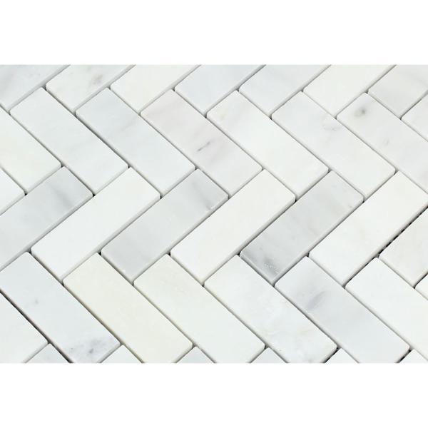1 x 3 Honed Oriental White Marble Herringbone Mosaic Tile