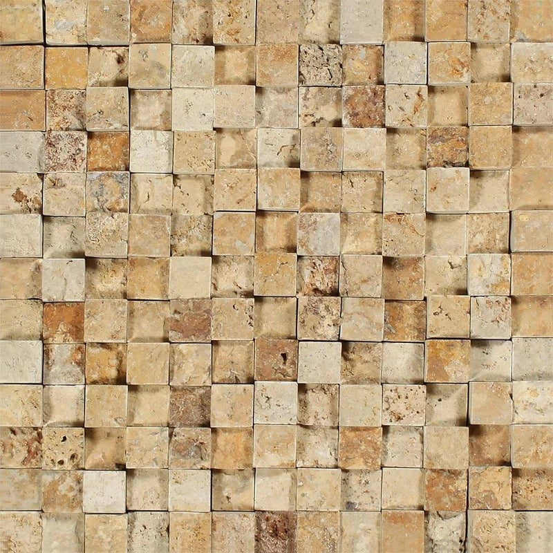 1x1 Split-faced Gold Travertine 3-D Mosaic Tile