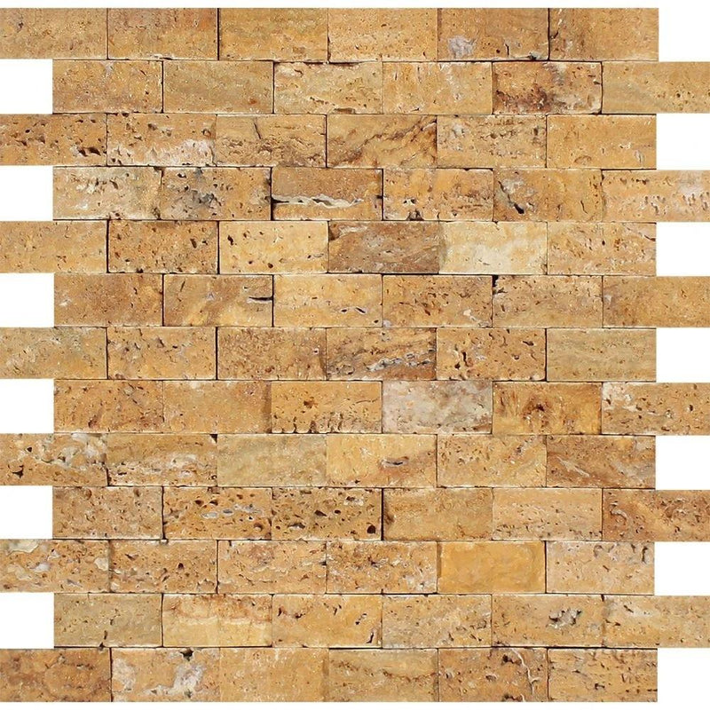 1x2 Split-faced Gold Travertine Brick Mosaic