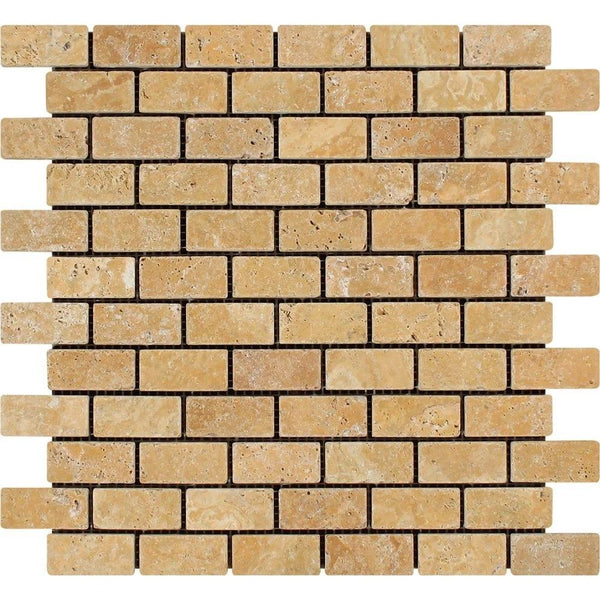 1x2 Tumbled Gold Travertine Brick Mosaic Tile