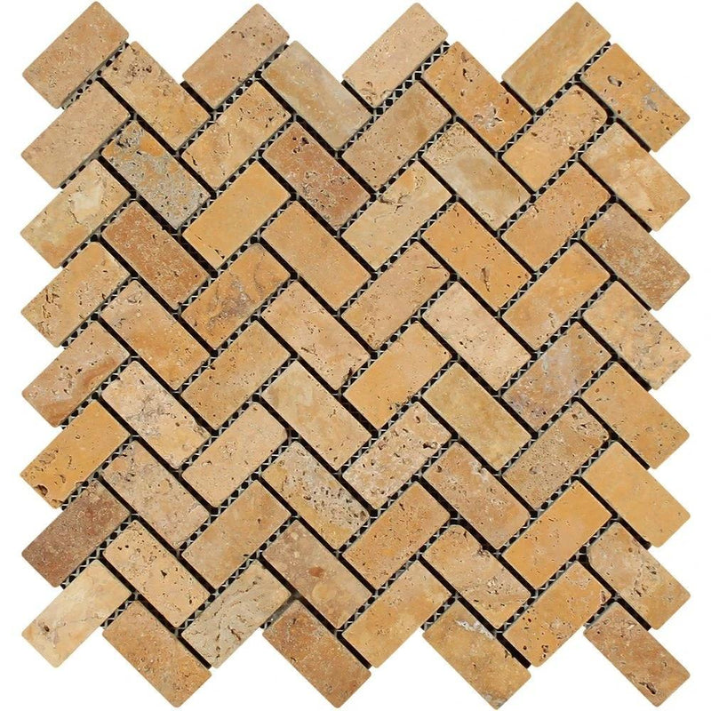 1x2 Tumbled Gold Travertine Herringbone Mosaic Tile