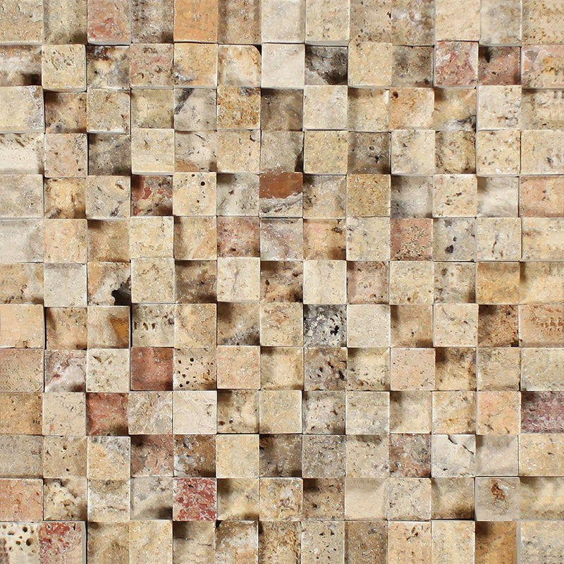 1x1 Split-faced Scabos Travertine 3-D Mosaic Tile