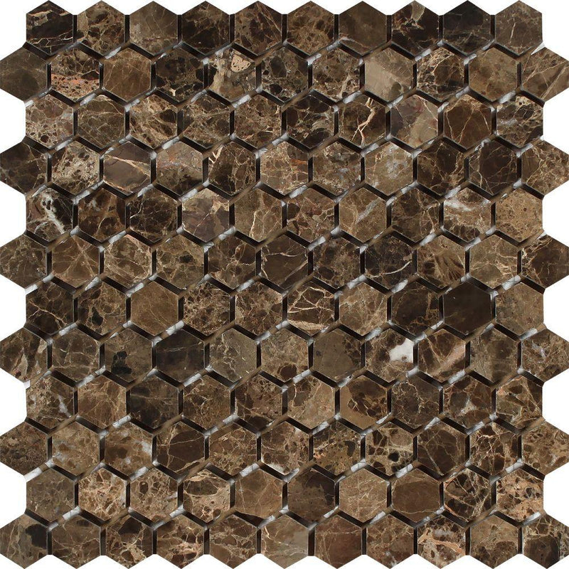 1x1 Polished Emperador Dark Marble Hexagon Mosaic Tile