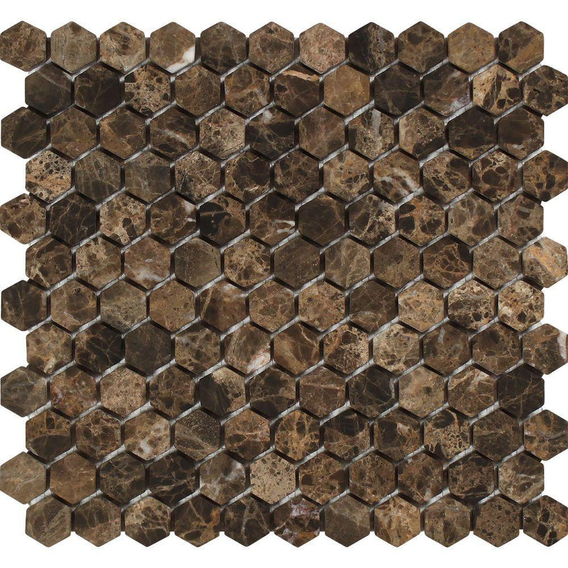 1x1 Tumbled Emperador Dark Marble Hexagon Mosaic Tile