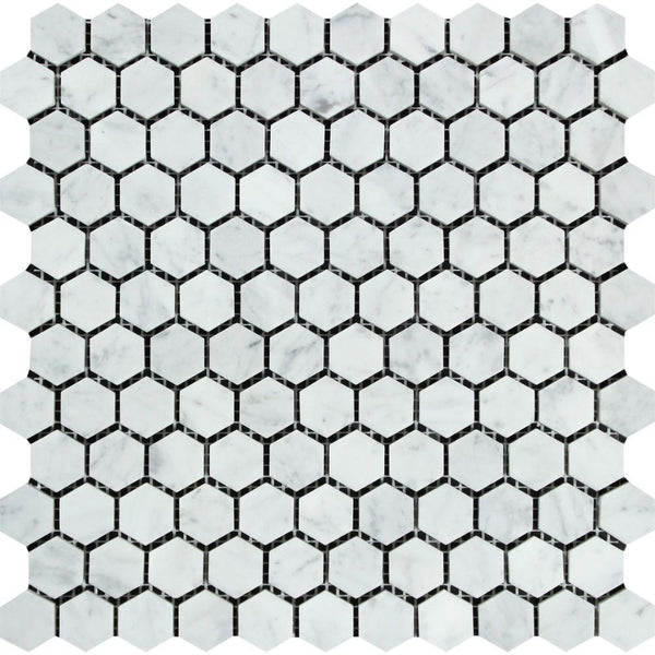 1x1 Polished Bianco Carrara Marble Hexagon Tile Mosaic