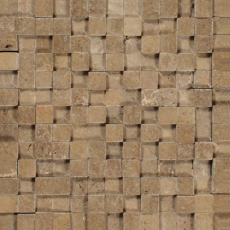 1x1 Split-faced Noce Travertine 3-D Mosaic Tile