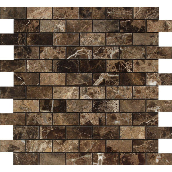 1x2 Polished Emperador Dark Marble Brick Mosaic Tile