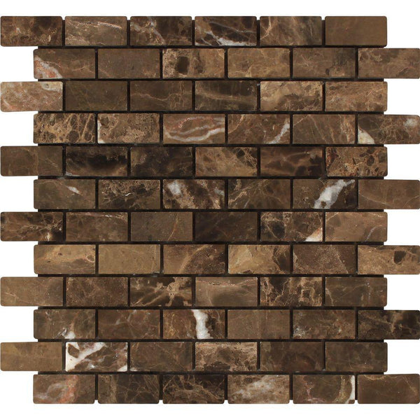1x2 Tumbled Emperador Dark Marble Brick Mosaic Tile