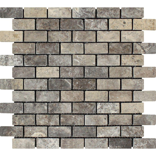 1x2 Tumbled Silver Travertine Brick Mosaic Tile