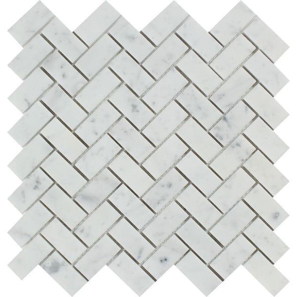 1x2 Polished Bianco Carrara Marble Herringbone Mosaic Tile