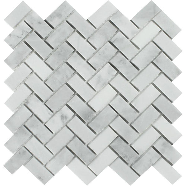 1x2 Polished Bianco Mare Marble Herringbone Mosaic Tile