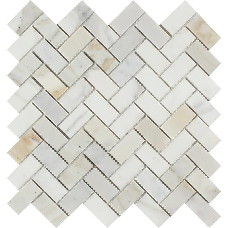 1x2 Polished Calacatta Gold Marble Herringbone Mosaic Tile