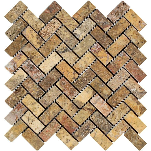 1x2 Tumbled Scabos Travertine Herringbone Mosaic Tile