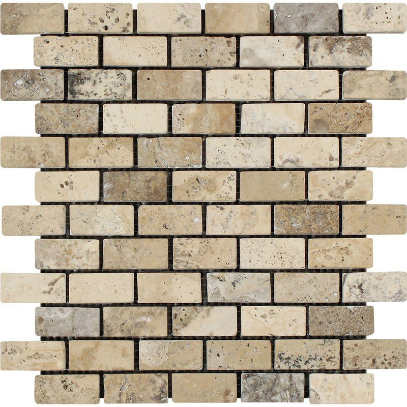 1x2 Tumbled Philadelphia Travertine Brick Mosaic Tile