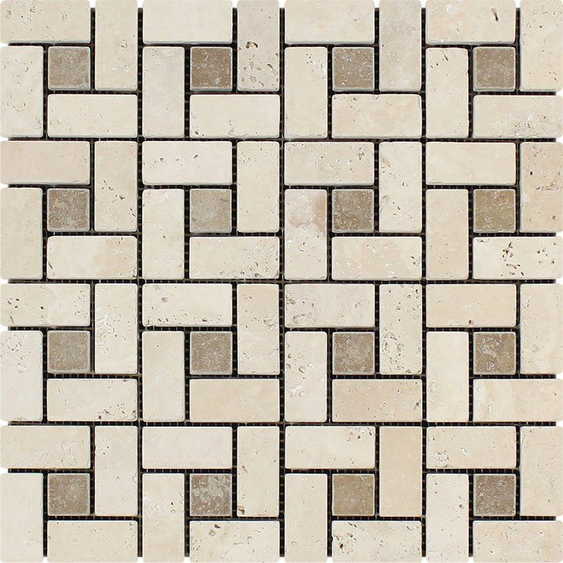 1x2 Tumbled Ivory Travertine Large Pinwheel Mosaic Tile w/ Noce Dots