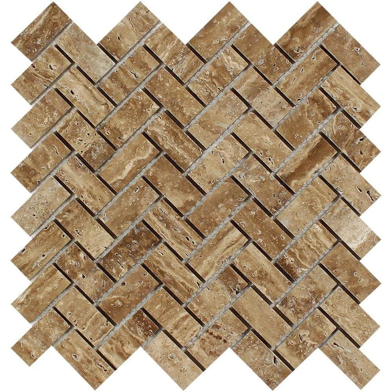 1x2 Unfilled Polished Noce Exotic (Vein-Cut) Travertine Herringbone Mosaic Tile