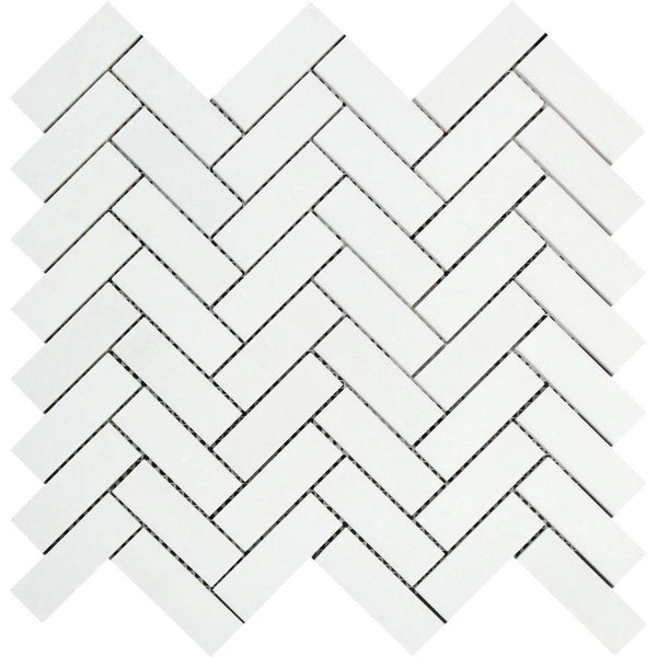 1x3 Polished Thassos White Marble Herringbone Mosaic Tile