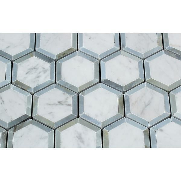 2 x 2 Honed Bianco Carrara Marble Vortex Hexagon Mosaic Tile (w/ Blue-Gray)