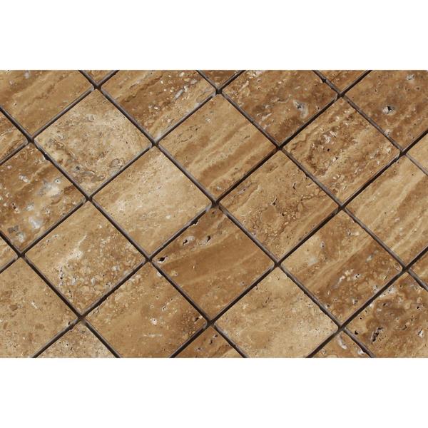 2 x 2 Unfilled Brushed Noce Exotic (Vein-Cut) Travertine Mosaic Tile