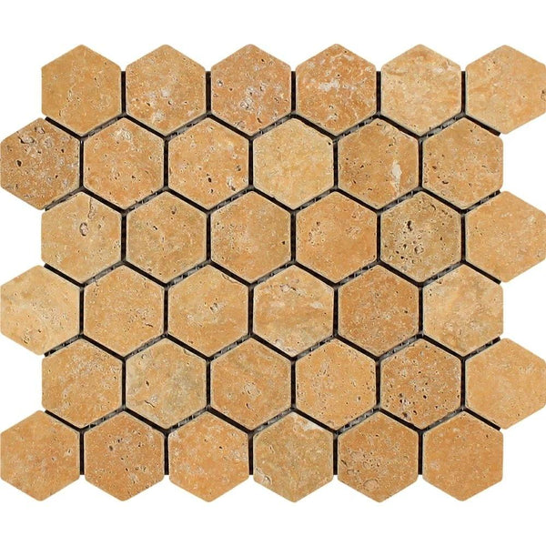 2x2 Tumbled Gold Travertine Hexagon Mosaic Tile