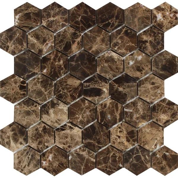 2x2 Polished Emperador Dark Marble Hexagon Mosaic Tile