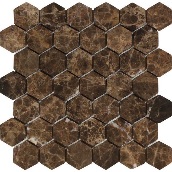 2x2 Tumbled Emperador Dark Marble Hexagon Mosaic Tile