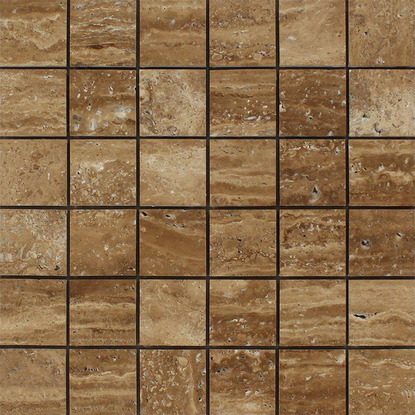 2x2 Unfilled Brushed Noce Exotic (Vein-Cut) Travertine Mosaic Tile