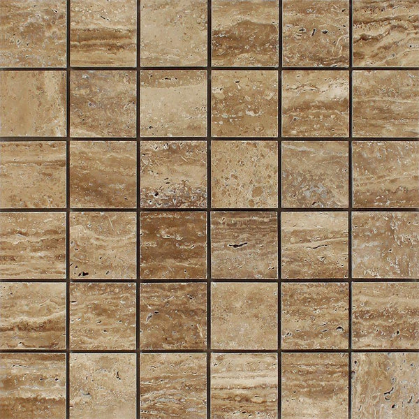 2x2 Unfilled Polished Noce Exotic (Vein-Cut) Travertine Mosaic Tile