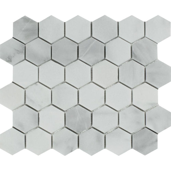 2x2 Honed Bianco Mare Marble Hexagon Mosaic Tile