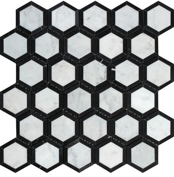 2x2 Honed Bianco Carrara Marble Vortex Hexagon Mosaic Tile (w/ Black)