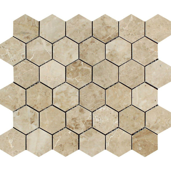 2x2 Polished Cappuccino Marble Hexagon Mosaic Tile