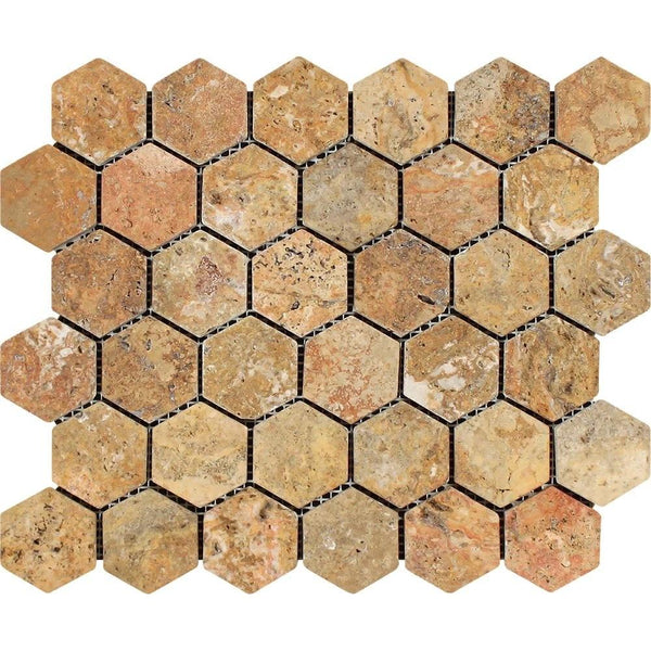 2x2 Tumbled Scabos Travertine Hexagon Mosaic Tile