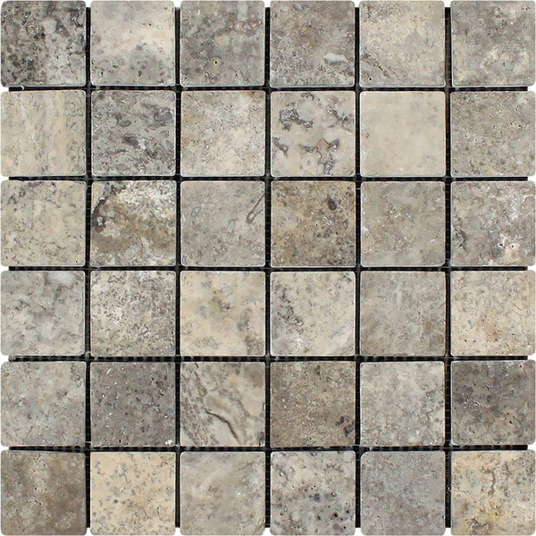 2x2 Tumbled Silver Travertine Mosaic Tile