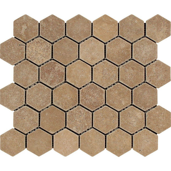 2x2 Tumbled Noce Travertine Hexagon Mosaic