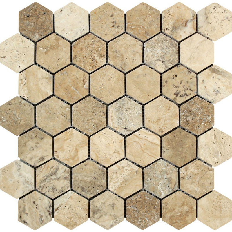 2x2 Tumbled Philadelphia Travertine Hexagon Mosaic Tile