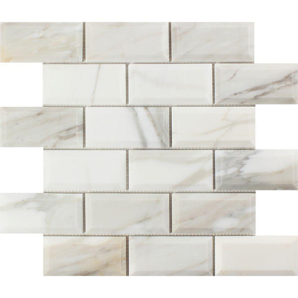 2x4  Honed Calacatta Gold Marble Deep-Beveled Brick Mosaic Tile