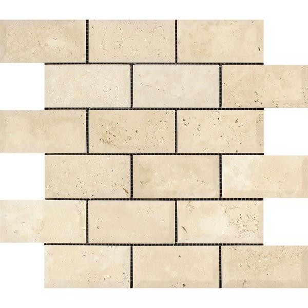 2x4 Honed Ivory Travertine Deep-Beveled Brick Mosaic Tile