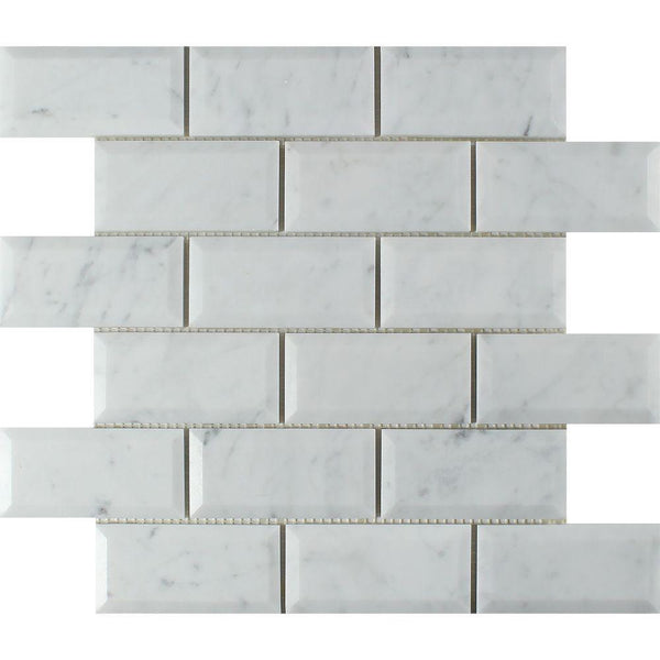 2x4  Honed Bianco Carrara Marble Deep-Beveled Brick Mosaic Tile