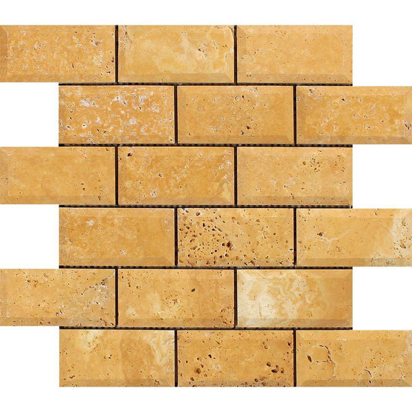 2x4  Honed Gold Travertine Deep-Beveled Brick Mosaic Tile