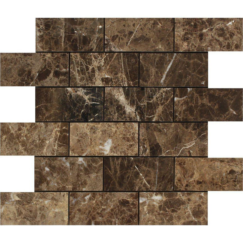 2 x 4 Polished Emperador Dark Marble Brick Mosaic Tile