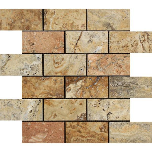 2 x 4 Polished Scabos Travertine Brick Mosaic Tile