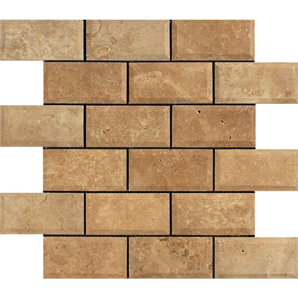 2 x 4 Tumbled Noce Travertine Deep-Beveled Brick Mosaic Tile