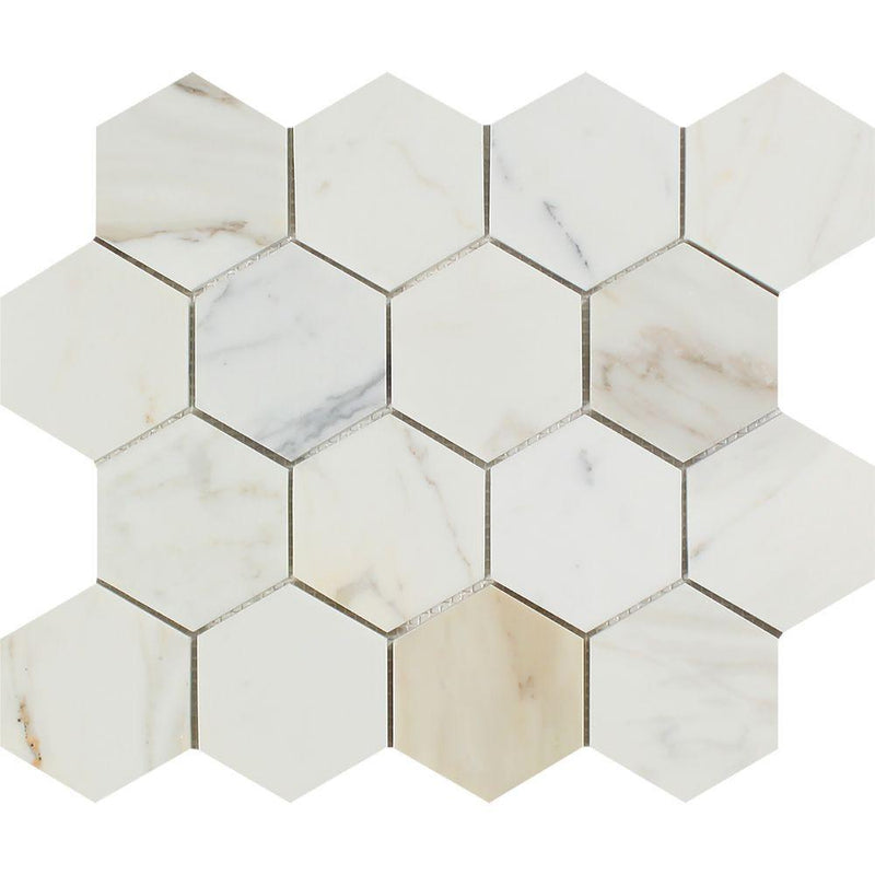 3x3 Honed Calacatta Gold Marble Hexagon Mosaic Tile