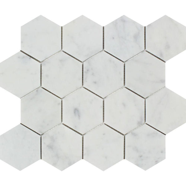3x3 Honed Bianco Carrara Marble Hexagon Mosaic Tile