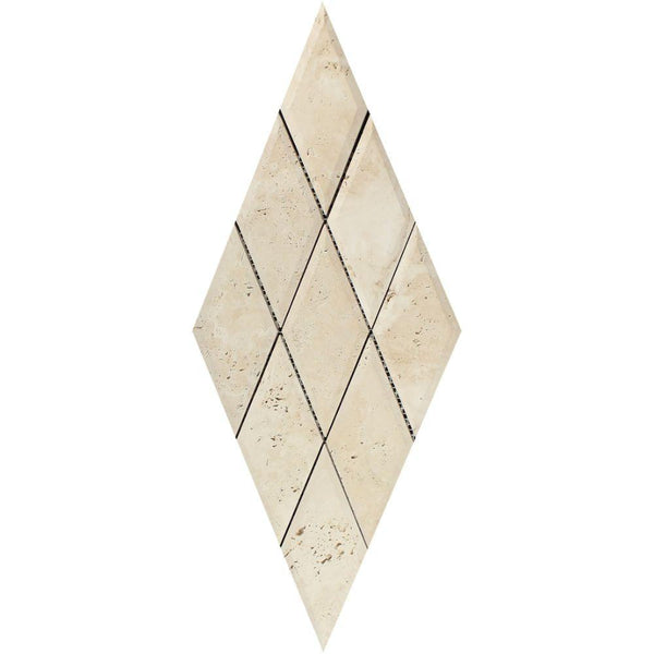 3x6 Honed Ivory Travertine Deep-Beveled Diamond Mosaic Tile