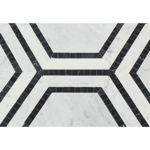 5 x 5 Polished Bianco Carrara Marble Hexagon Mosaic Tile (w/ Black)